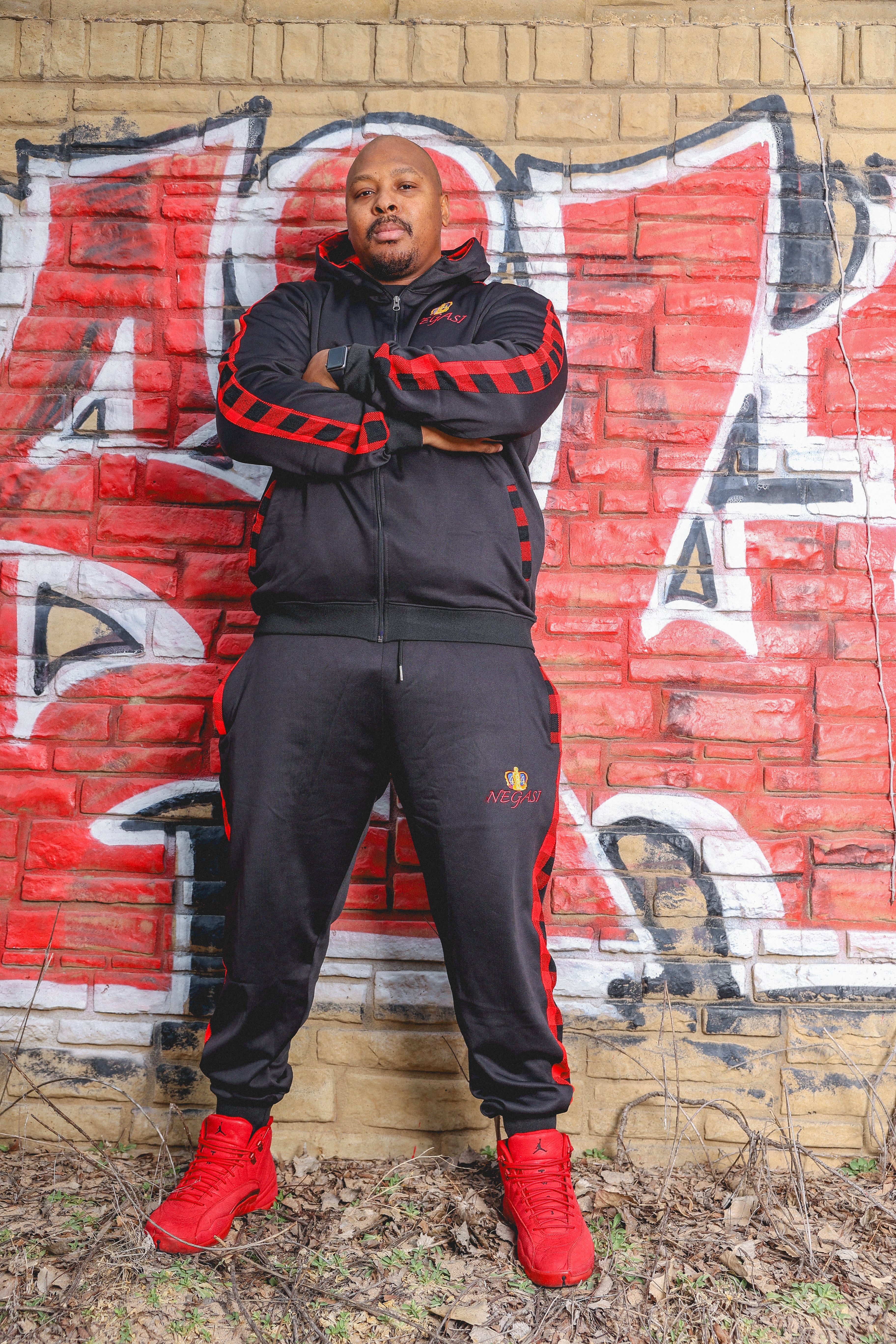 Negasi Black and Red Flannel red snickers customized wears customized cloth joggers red stripe joggers