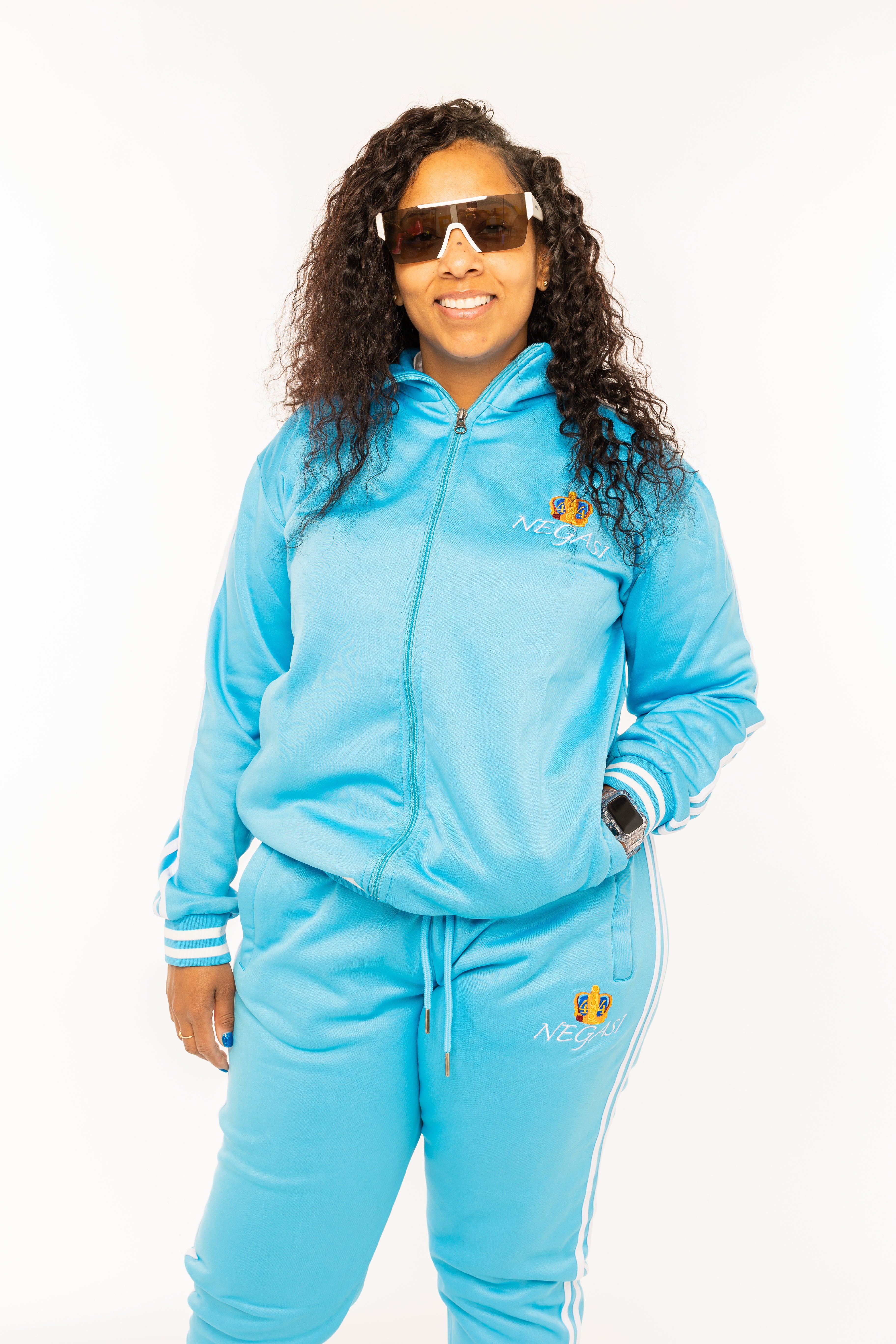 Turquoise and White Negasi sky blue & white Negasi joggers customized wears